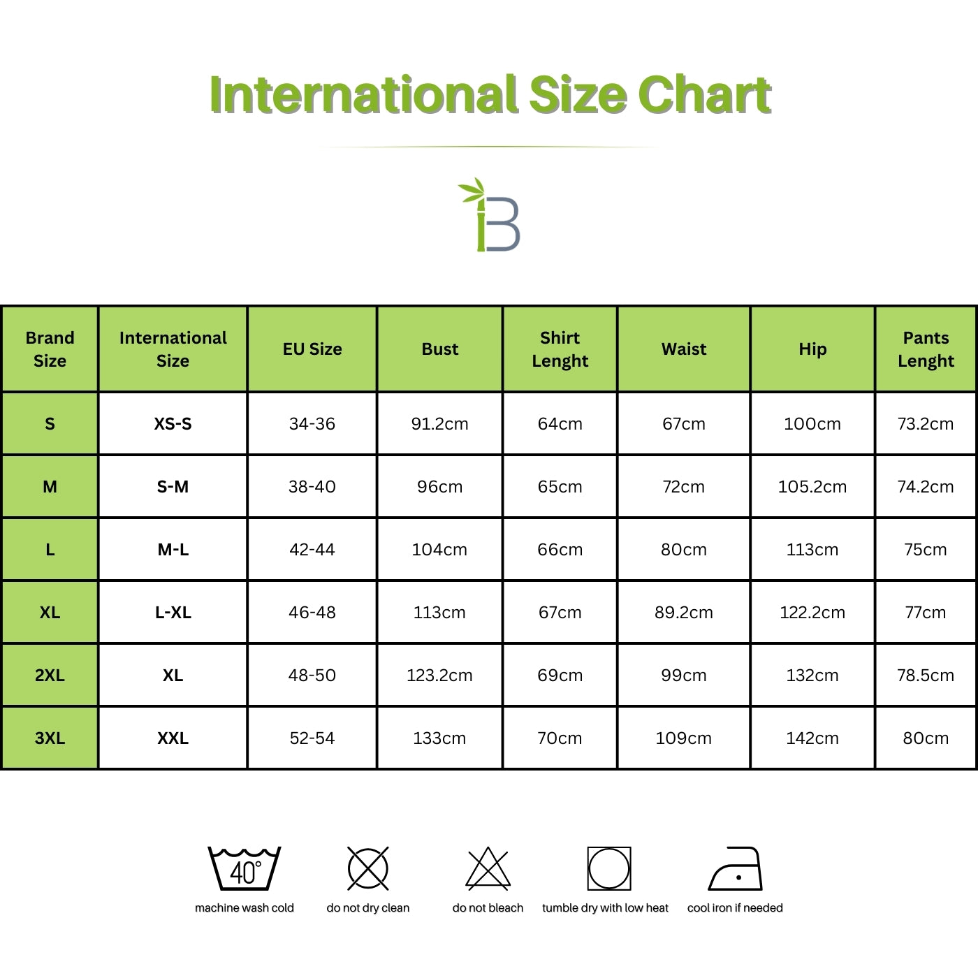 bamboo viscose pajama set, international size chart