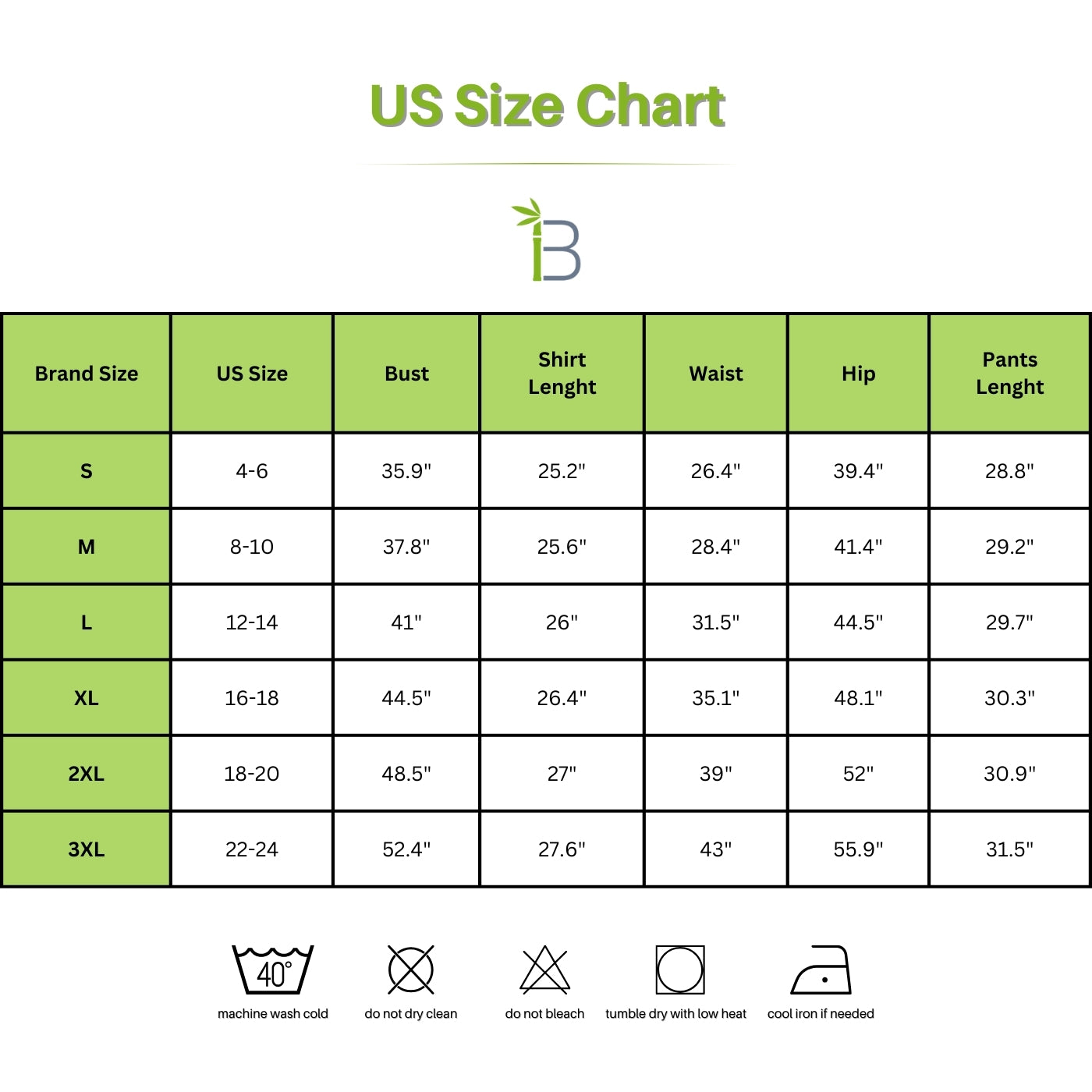 bamboo viscose pajama set, us size chart